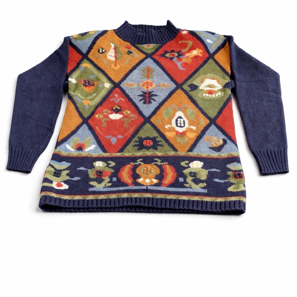 Lucia Petites Vintage Folk Art Knit Sweater Patchwork Novelty